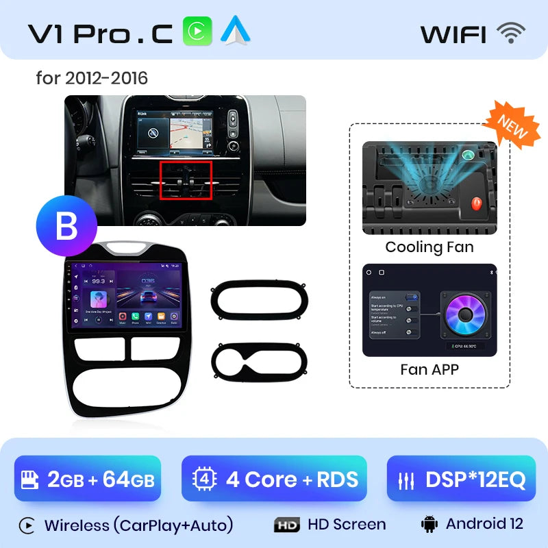 Autoradio CarPlay V1Pro AI Voice 2 DIN avec Android Auto, compatible Renault Clio 4 - Clio 4 RS- (2012-2019), GPS multimédia 4G pour voiture.