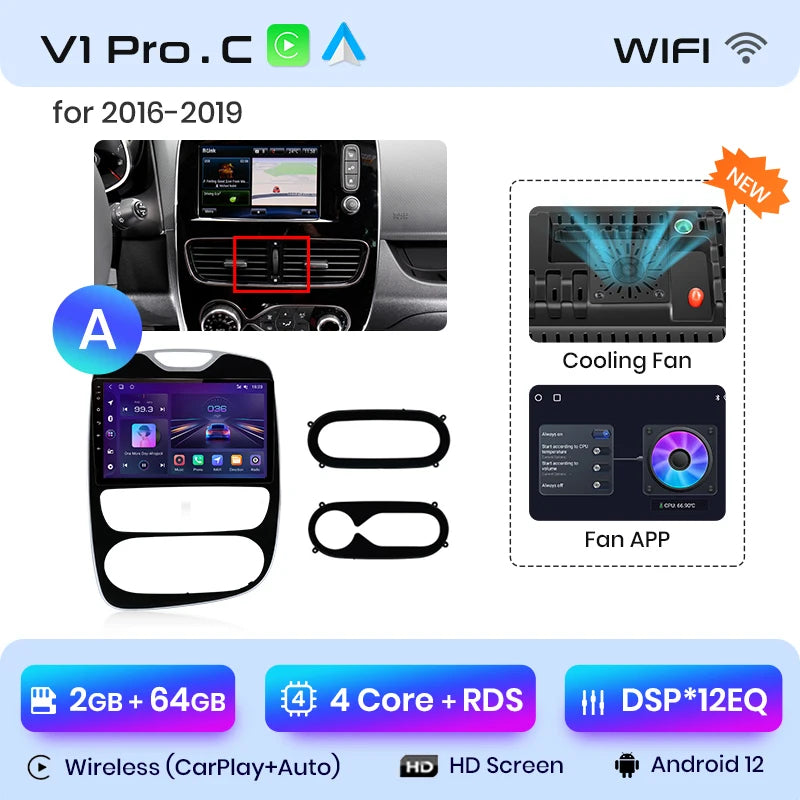 Autoradio CarPlay V1Pro AI Voice 2 DIN avec Android Auto, compatible Renault Clio 4 - Clio 4 RS- (2012-2019), GPS multimédia 4G pour voiture.