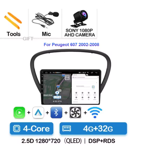 Autoradio Android 15 avec CarPlay pour Peugeot 607 (années 2002 à 2010)