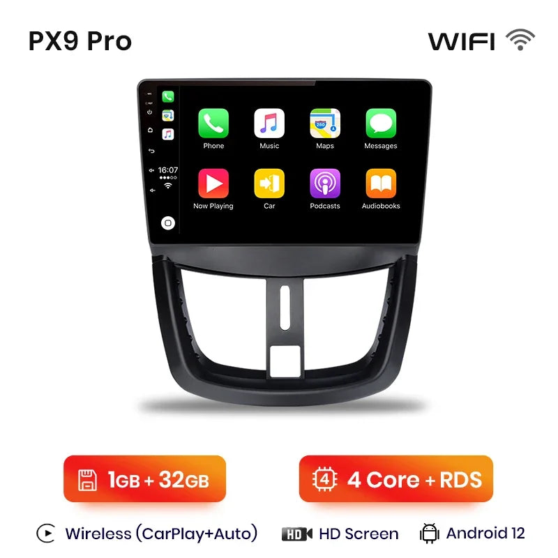 Autoradio écran pour PEUGEOT 207 207CC 2006-2015 avec CarPlay sans fil, Android Auto, GPS, Navi, FM RDS Bluetooth