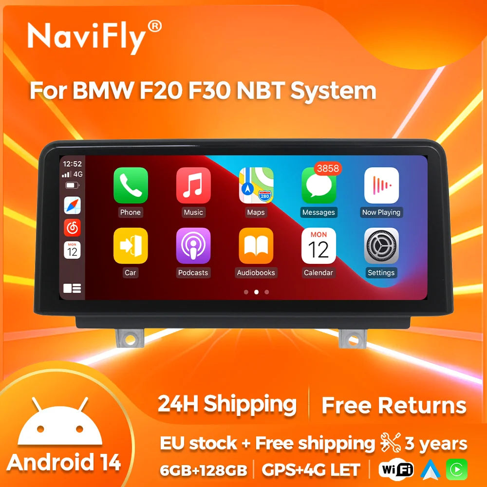 Écran multimédia sans fil CarPlay & Android Auto pour BMW Série 1, 2, 3, 4 (F20, F21, F22, F30, F31, F32, F33, F34, F36) – Version EU, 4G LTE, Bluetooth 5.0