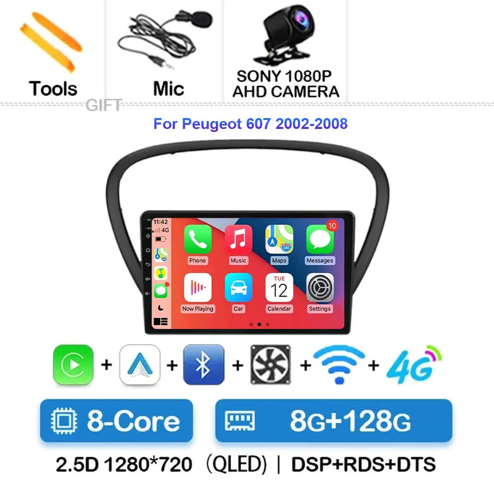 Autoradio Android 15 avec CarPlay pour Peugeot 607 (années 2002 à 2010)