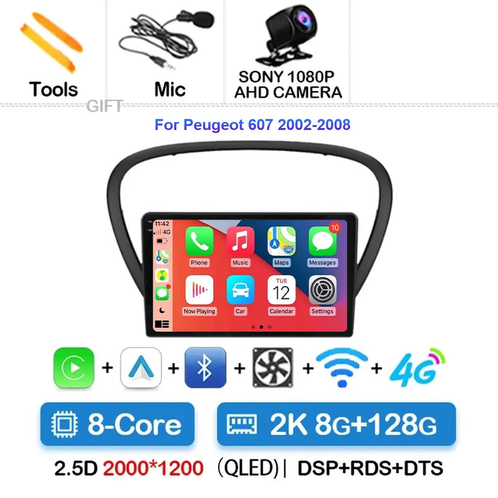 Autoradio Android 15 avec CarPlay pour Peugeot 607 (années 2002 à 2010)