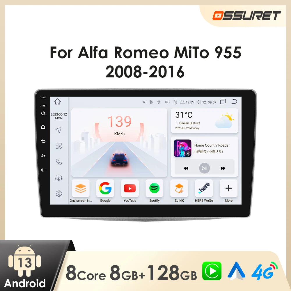 Autoradio Android 2DIN pour Alfa Romeo Mito 955 de 2008 à 2016 avec écran 9 pouces, GPS, CarPlay, Android Auto, lecteur multimédia vidéo et audio stéréo