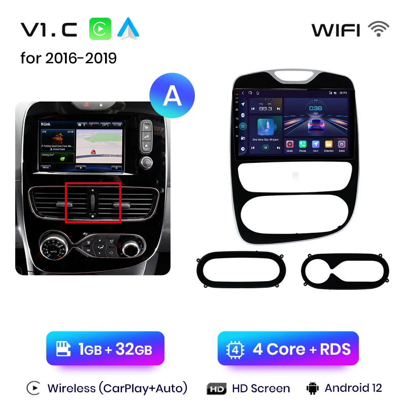 Autoradio CarPlay V1Pro AI Voice 2 DIN avec Android Auto, compatible Renault Clio 4 - Clio 4 RS- (2012-2019), GPS multimédia 4G pour voiture.