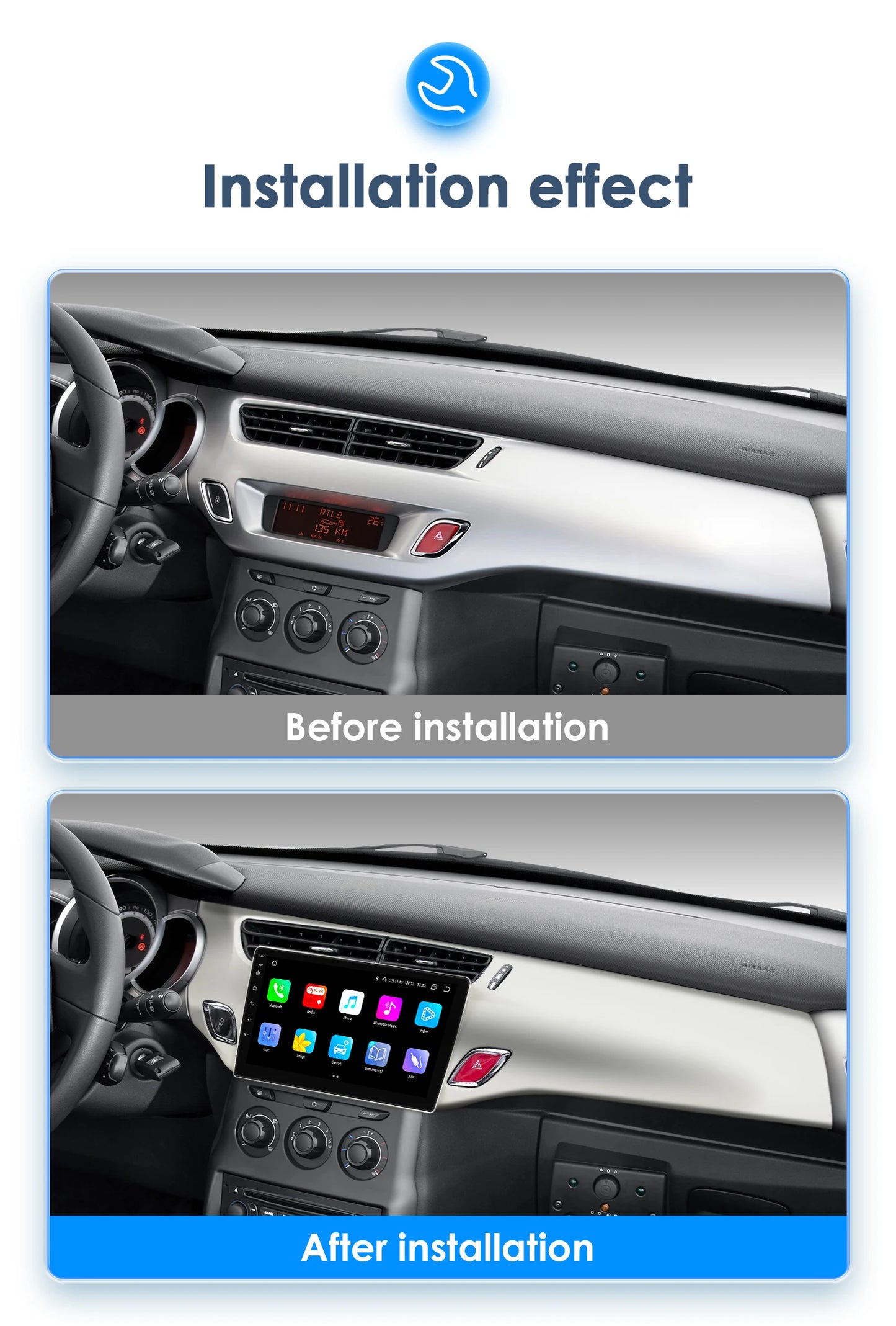 Autoradio Android 13 compatible Citroën C3 et DS3 (2010 à 2016) – Écran tactile multimédia avec GPS intégré, connexion 4G, CarPlay sans fil, Android Auto, Bluetooth et Wi-Fi.
