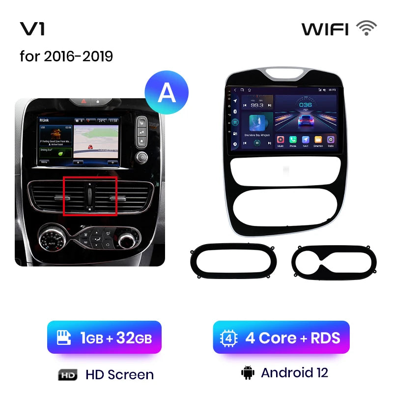 Autoradio CarPlay V1Pro AI Voice 2 DIN avec Android Auto, compatible Renault Clio 4 - Clio 4 RS- (2012-2019), GPS multimédia 4G pour voiture.