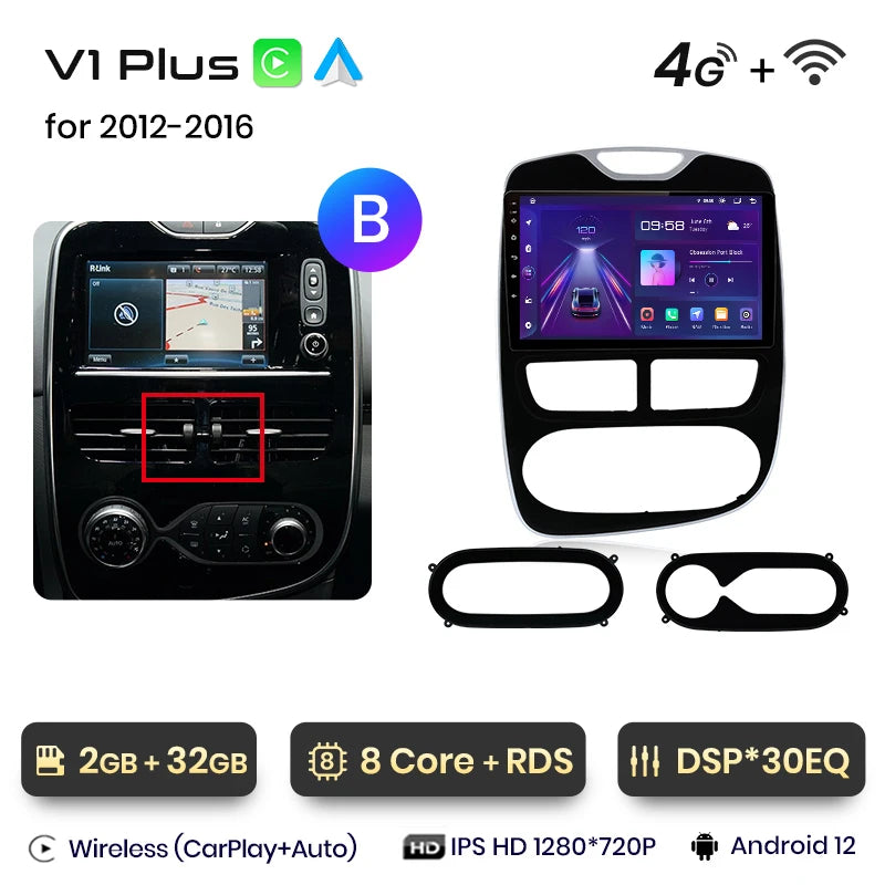 Autoradio CarPlay V1Pro AI Voice 2 DIN avec Android Auto, compatible Renault Clio 4 - Clio 4 RS- (2012-2019), GPS multimédia 4G pour voiture.
