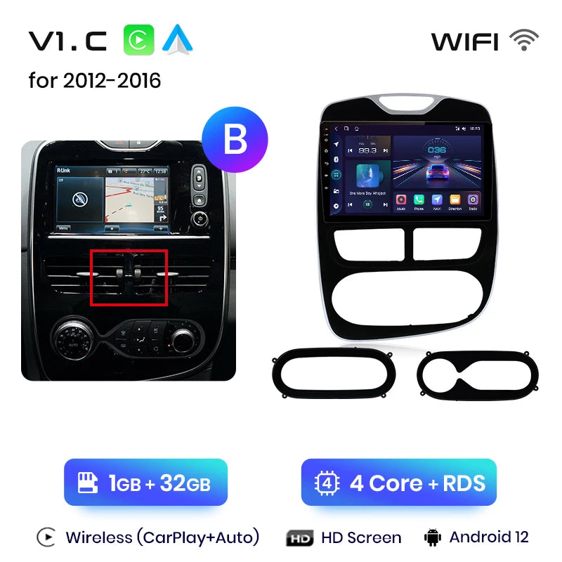 Autoradio CarPlay V1Pro AI Voice 2 DIN avec Android Auto, compatible Renault Clio 4 - Clio 4 RS- (2012-2019), GPS multimédia 4G pour voiture.