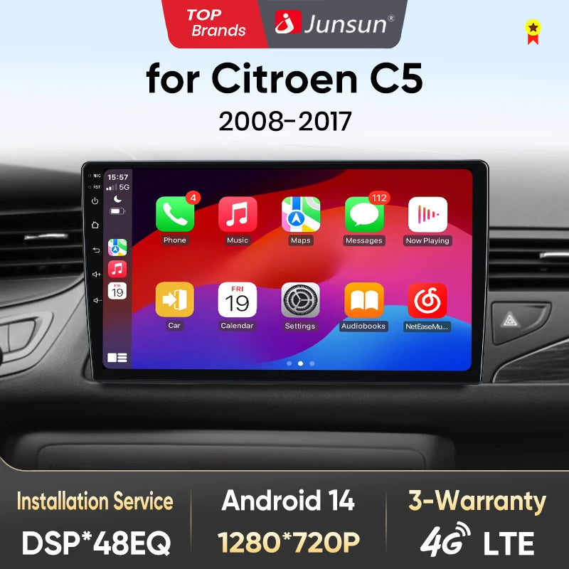 Autoradio sans fil avec CarPlay et Android Auto Citroën C5 (2008-2017), doté de RDS, 4G, Wi-Fi, GPS, double DIN et Bluetooth.