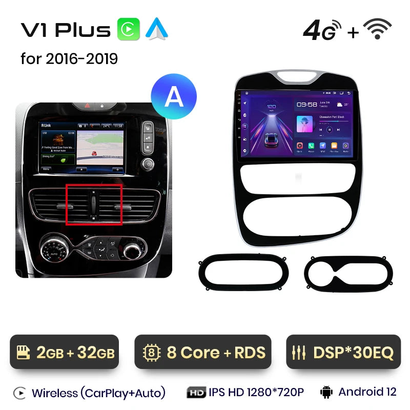 Autoradio CarPlay V1Pro AI Voice 2 DIN avec Android Auto, compatible Renault Clio 4 - Clio 4 RS- (2012-2019), GPS multimédia 4G pour voiture.