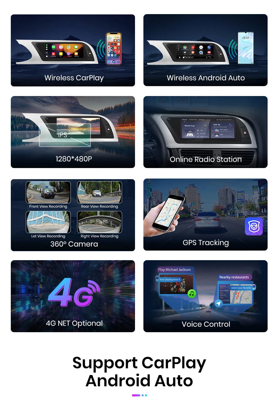 Autoradio multimédia avec CarPlay sans fil Audi A4 / A4L B8 (2009 à 2016) – Compatible Apple CarPlay, Android Auto, Bluetooth, 4G - non compatible audi CD changer