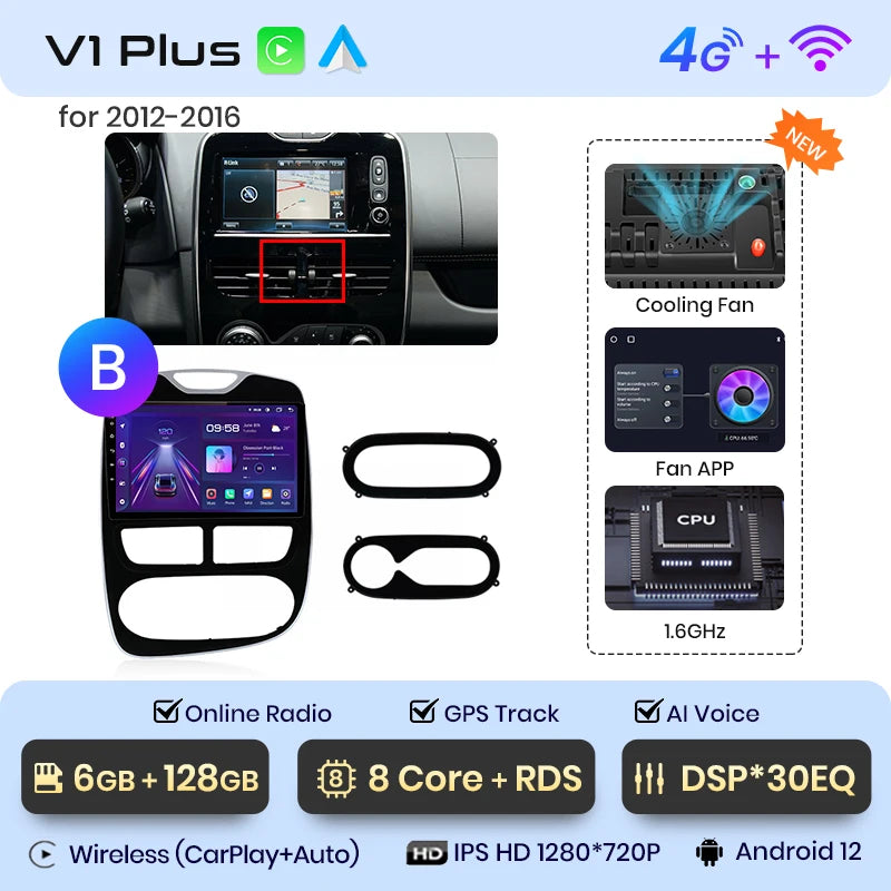 Autoradio CarPlay V1Pro AI Voice 2 DIN avec Android Auto, compatible Renault Clio 4 - Clio 4 RS- (2012-2019), GPS multimédia 4G pour voiture.