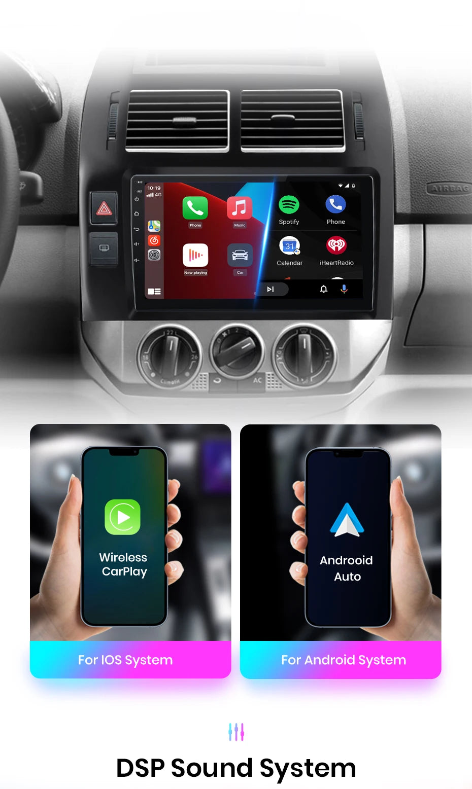 Junsun V1 AI Voice Radio sans fil CarPlay et Android Auto & CarPlay Volkswagen Polo IV 2001-2009, autoradio GPS multimédia 4G 2DIN