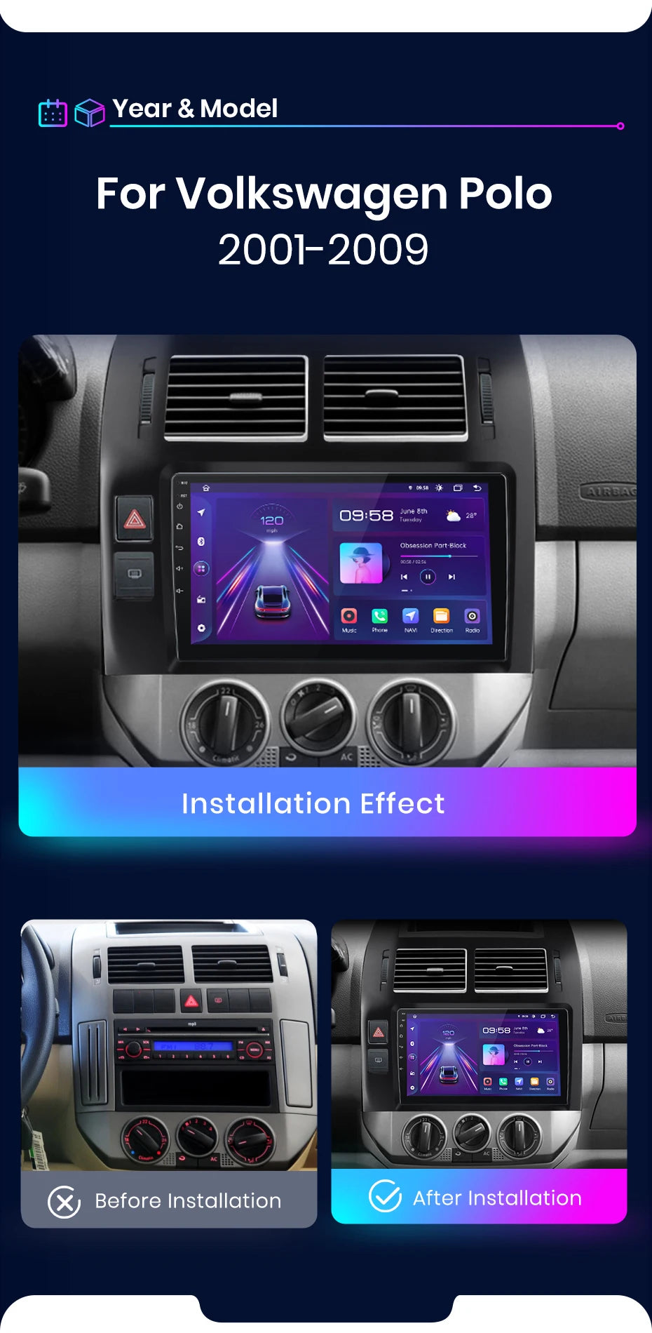 Junsun V1 AI Voice Radio sans fil CarPlay et Android Auto & CarPlay Volkswagen Polo IV 2001-2009, autoradio GPS multimédia 4G 2DIN