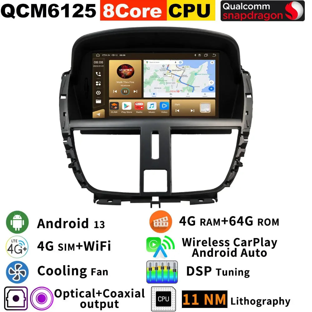 Autoradio Android 13 pour Peugeot 206+ (2006-2015) avec GPS, CarPlay et Bluetooth