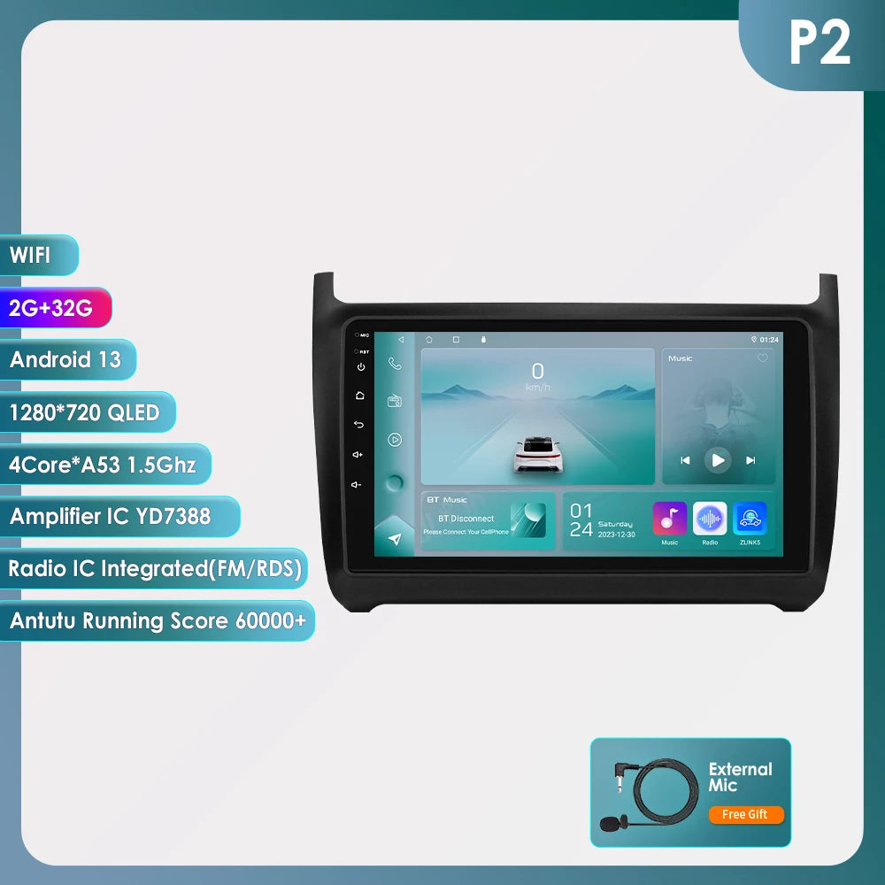 Autoradio CarPlay 2 DIN Android 13 pour Volkswagen Polo 5 (2008–2020)