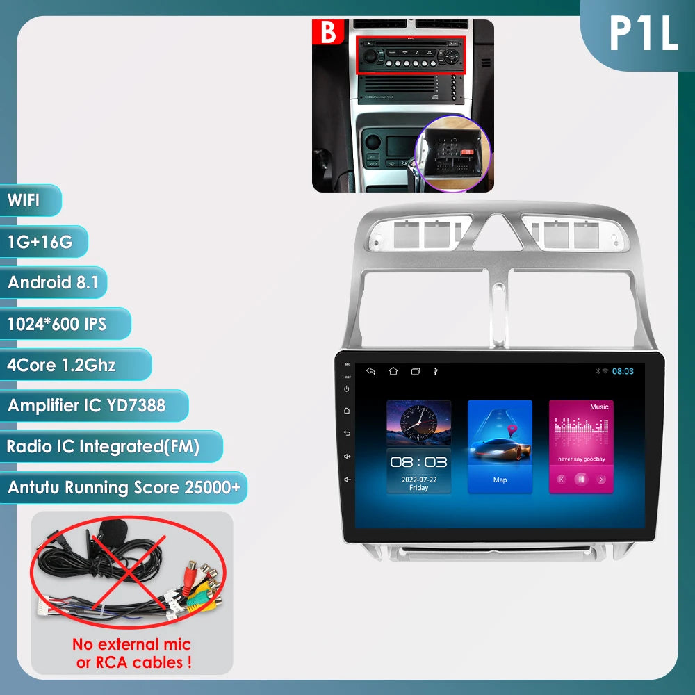 Autoradio Peugeot 307, 307CC et 307SW (modèles de 2002 à 2013) - CarPlay sans fil, Android Auto