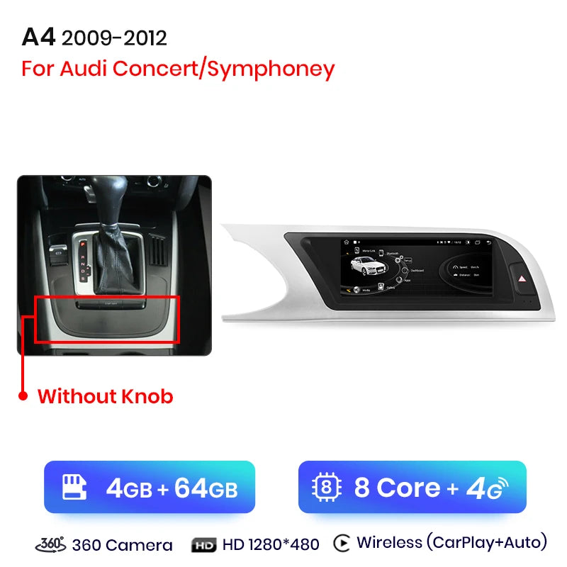 Autoradio multimédia avec CarPlay sans fil Audi A4 / A4L B8 (2009 à 2016) – Compatible Apple CarPlay, Android Auto, Bluetooth, 4G - non compatible audi CD changer