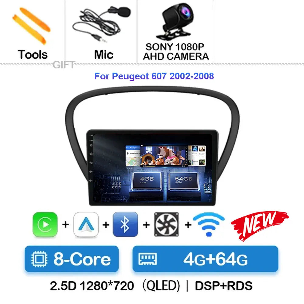 Autoradio Android 15 avec CarPlay pour Peugeot 607 (années 2002 à 2010)