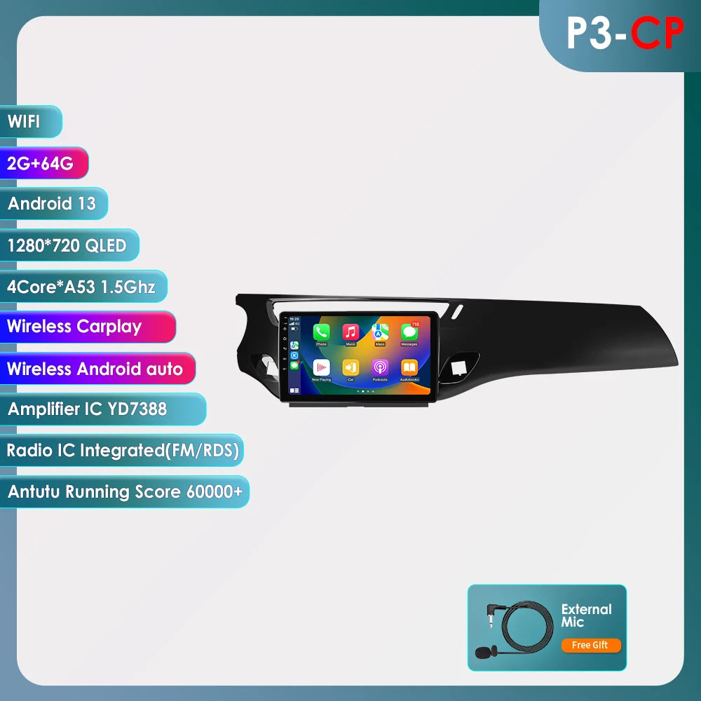 Autoradio Android 13 compatible Citroën C3 et DS3 (2010 à 2016) – Écran tactile multimédia avec GPS intégré, connexion 4G, CarPlay sans fil, Android Auto, Bluetooth et Wi-Fi.