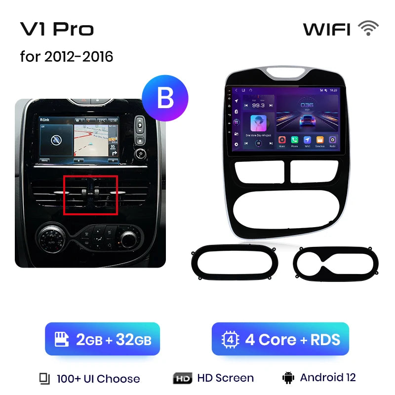 Autoradio CarPlay V1Pro AI Voice 2 DIN avec Android Auto, compatible Renault Clio 4 - Clio 4 RS- (2012-2019), GPS multimédia 4G pour voiture.