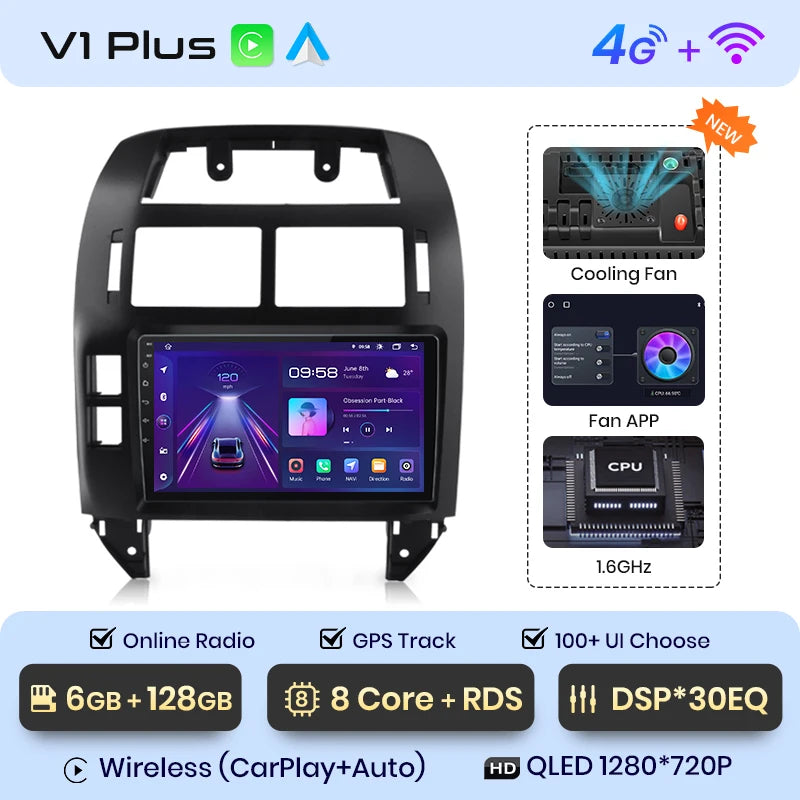 Junsun V1 AI Voice Radio sans fil CarPlay et Android Auto & CarPlay Volkswagen Polo IV 2001-2009, autoradio GPS multimédia 4G 2DIN