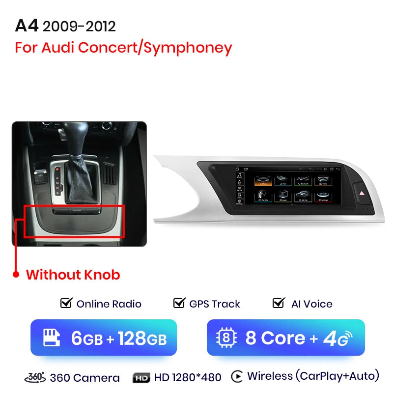 Autoradio multimédia avec CarPlay sans fil Audi A4 / A4L B8 (2009 à 2016) – Compatible Apple CarPlay, Android Auto, Bluetooth, 4G - non compatible audi CD changer