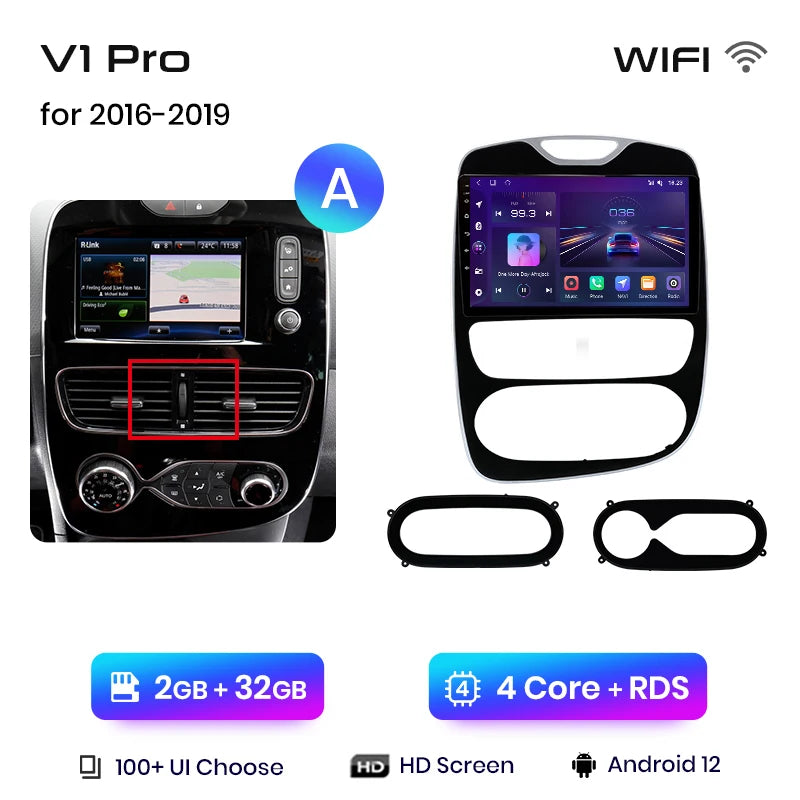 Autoradio CarPlay V1Pro AI Voice 2 DIN avec Android Auto, compatible Renault Clio 4 - Clio 4 RS- (2012-2019), GPS multimédia 4G pour voiture.