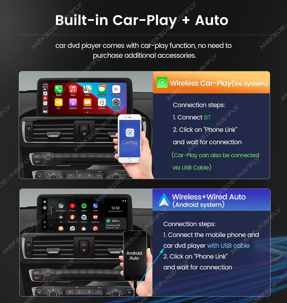 Écran multimédia sans fil CarPlay & Android Auto pour BMW Série 1, 2, 3, 4 (F20, F21, F22, F30, F31, F32, F33, F34, F36) – Version EU, 4G LTE, Bluetooth 5.0