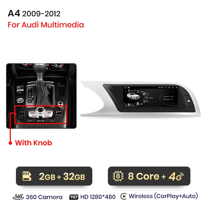 Autoradio multimédia avec CarPlay sans fil Audi A4 / A4L B8 (2009 à 2016) – Compatible Apple CarPlay, Android Auto, Bluetooth, 4G - non compatible audi CD changer