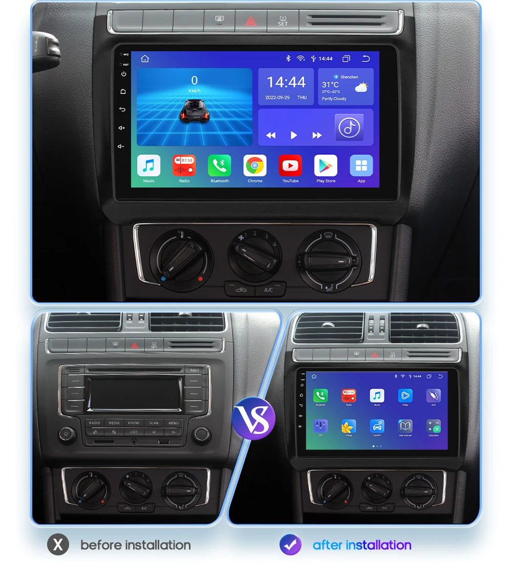 Autoradio CarPlay 2 DIN Android 13 pour Volkswagen Polo 5 (2008–2020)