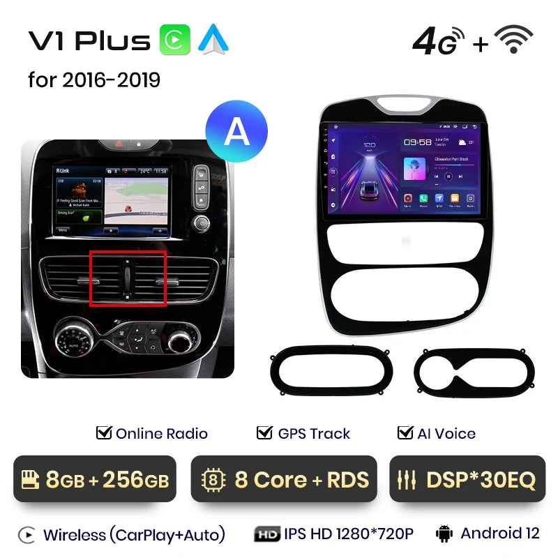 Autoradio CarPlay V1Pro AI Voice 2 DIN avec Android Auto, compatible Renault Clio 4 - Clio 4 RS- (2012-2019), GPS multimédia 4G pour voiture.