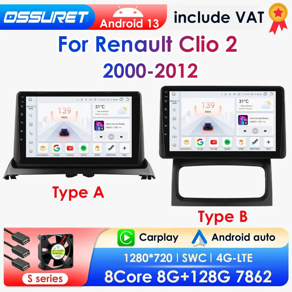 Autoradio CarPlay pour Renault Clio 2 (2000-2012) – Système intelligent 2DIN avec CarPlay sans fil et Android Auto, sans DVD.