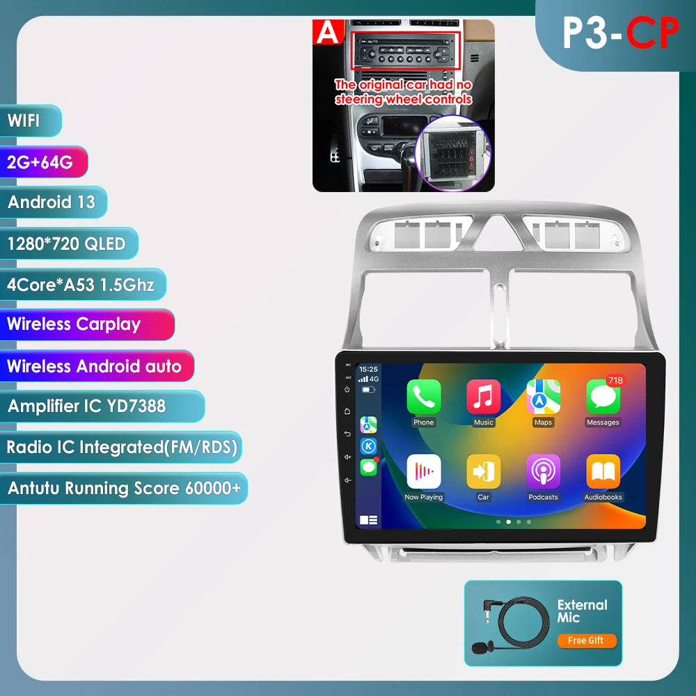 Autoradio Peugeot 307, 307CC et 307SW (modèles de 2002 à 2013) - CarPlay sans fil, Android Auto