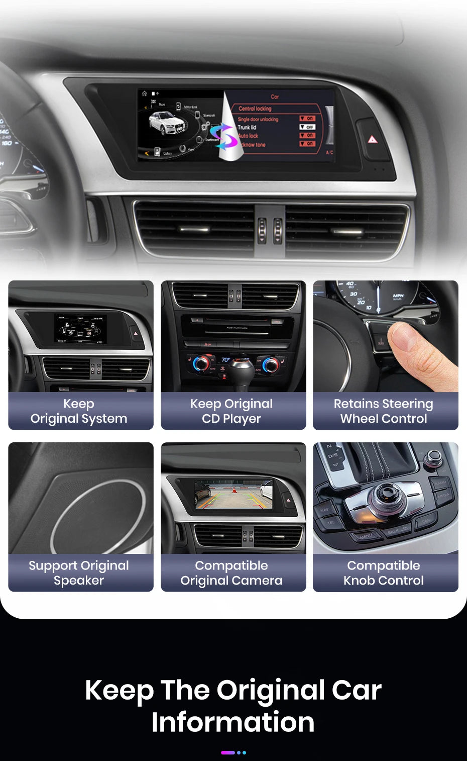 Autoradio multimédia avec CarPlay sans fil Audi A4 / A4L B8 (2009 à 2016) – Compatible Apple CarPlay, Android Auto, Bluetooth, 4G - non compatible audi CD changer