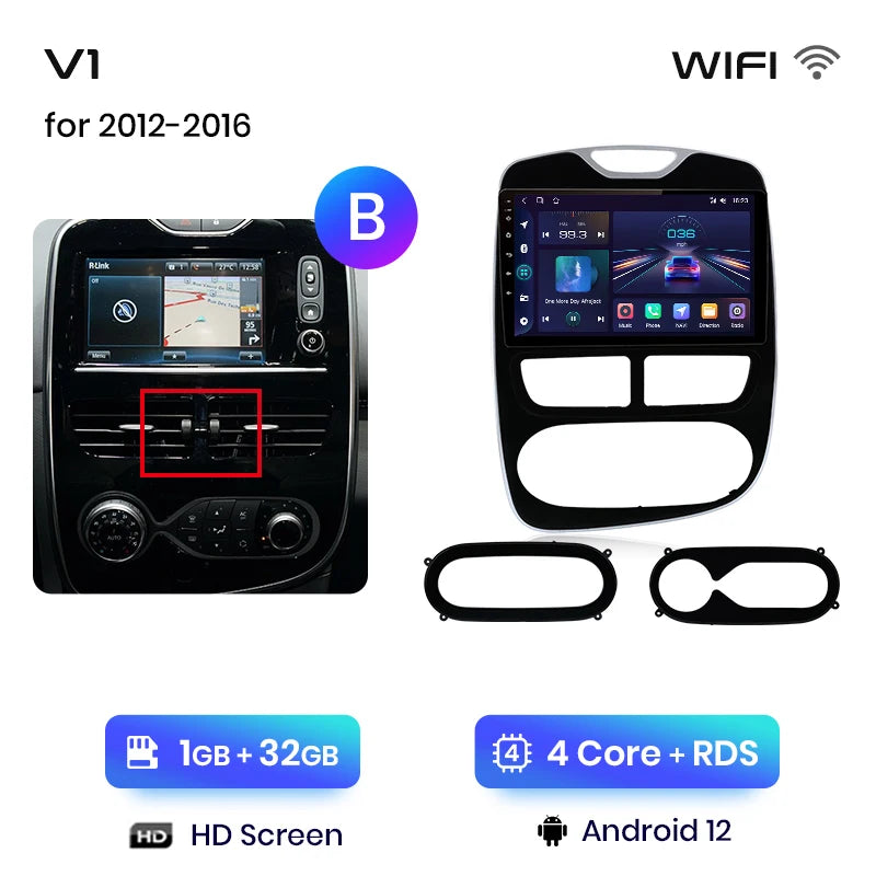 Autoradio CarPlay V1Pro AI Voice 2 DIN avec Android Auto, compatible Renault Clio 4 - Clio 4 RS- (2012-2019), GPS multimédia 4G pour voiture.