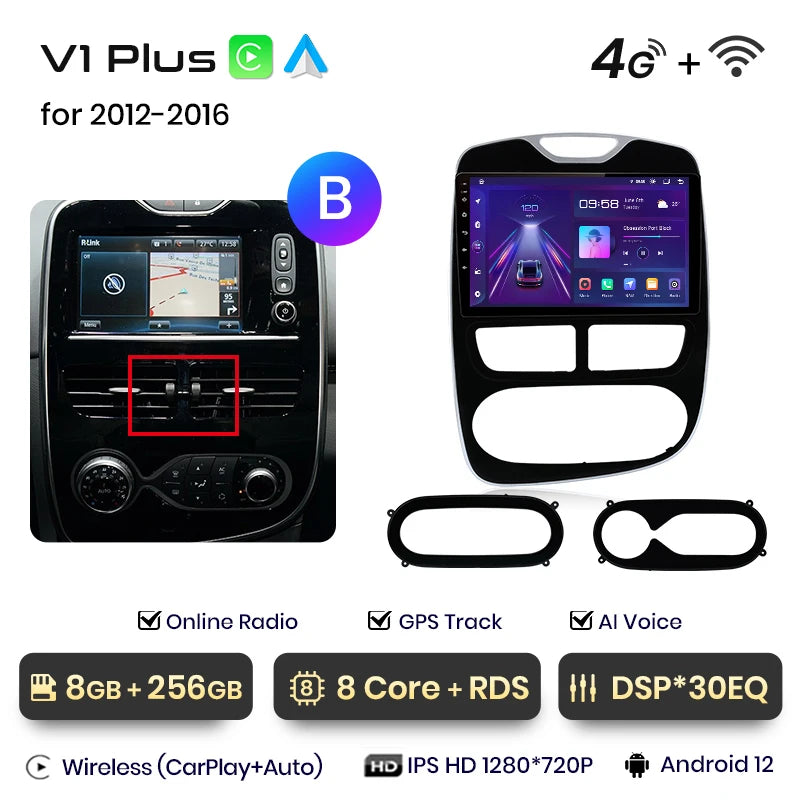 Autoradio CarPlay V1Pro AI Voice 2 DIN avec Android Auto, compatible Renault Clio 4 - Clio 4 RS- (2012-2019), GPS multimédia 4G pour voiture.