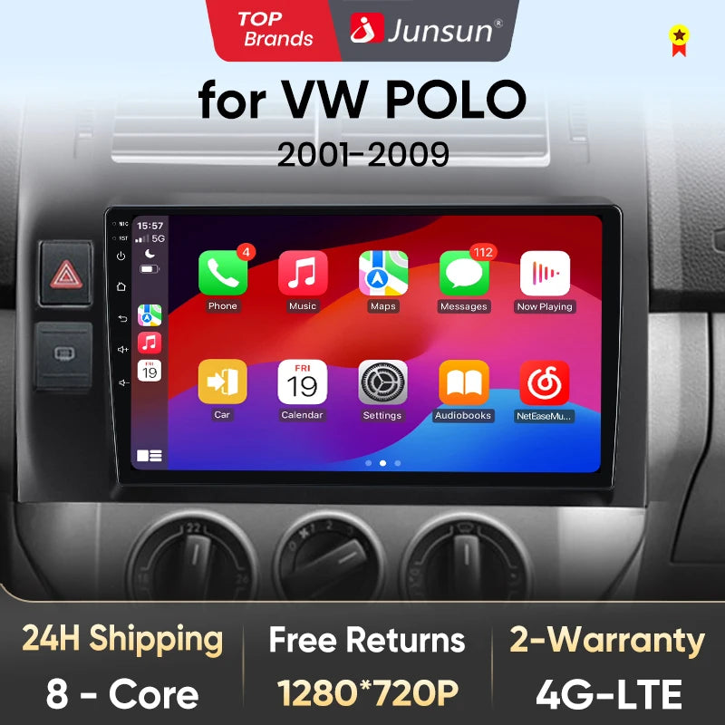 Junsun V1 AI Voice Radio sans fil CarPlay et Android Auto & CarPlay Volkswagen Polo IV 2001-2009, autoradio GPS multimédia 4G 2DIN