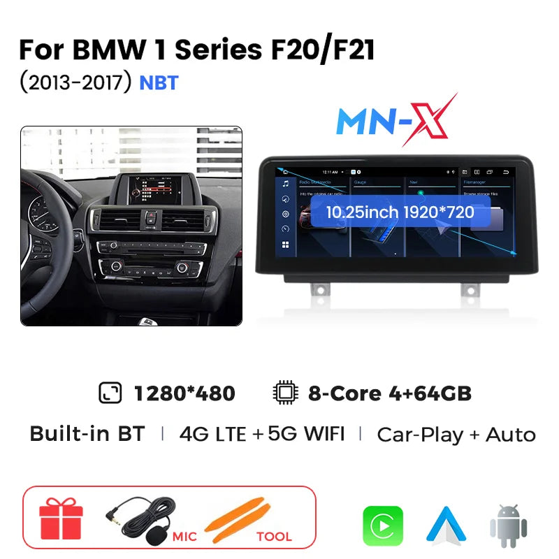 Écran multimédia sans fil CarPlay & Android Auto pour BMW Série 1, 2, 3, 4 (F20, F21, F22, F30, F31, F32, F33, F34, F36) – Version EU, 4G LTE, Bluetooth 5.0