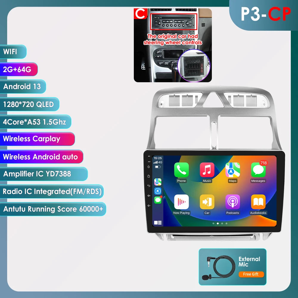 Autoradio Peugeot 307, 307CC et 307SW (modèles de 2002 à 2013) - CarPlay sans fil, Android Auto
