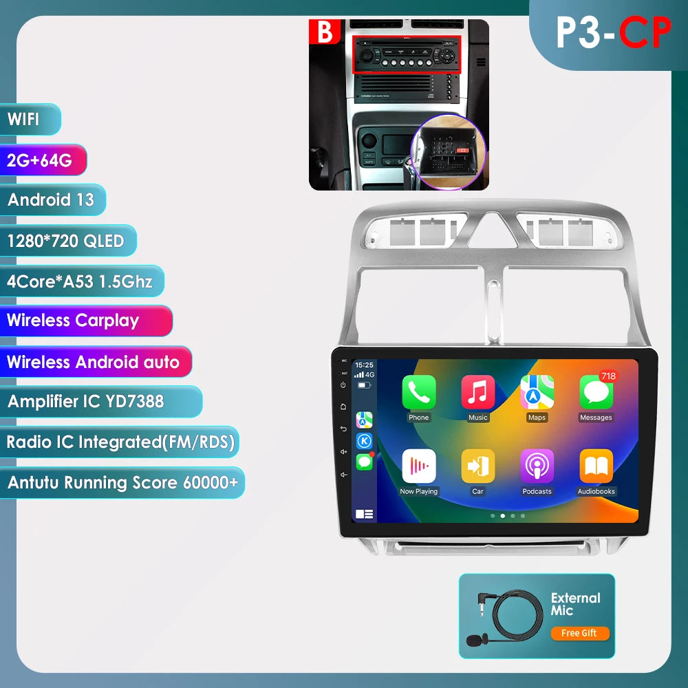 Autoradio Peugeot 307, 307CC et 307SW (modèles de 2002 à 2013) - CarPlay sans fil, Android Auto