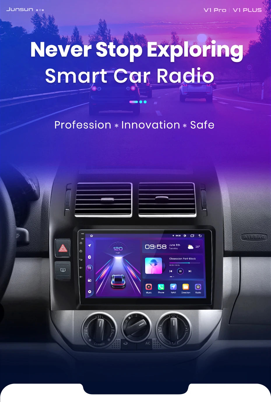 Junsun V1 AI Voice Radio sans fil CarPlay et Android Auto & CarPlay Volkswagen Polo IV 2001-2009, autoradio GPS multimédia 4G 2DIN