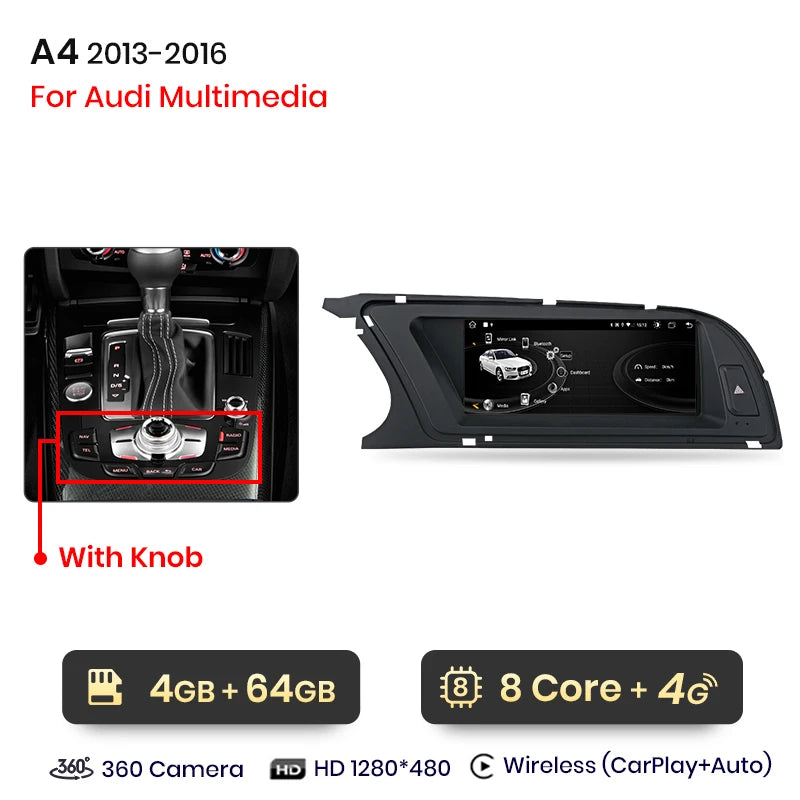 Autoradio multimédia avec CarPlay sans fil Audi A4 / A4L B8 (2009 à 2016) – Compatible Apple CarPlay, Android Auto, Bluetooth, 4G - non compatible audi CD changer
