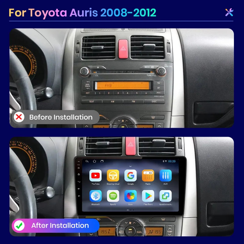 Autoradio Android 13 Toyota Auris (2006-2012) CarPlay sans fil et Android Auto, avec écran multimédia stéréo, GPS, RDS et DSP