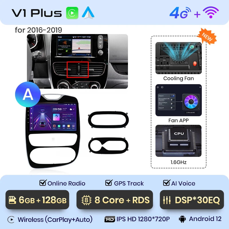 Autoradio CarPlay V1Pro AI Voice 2 DIN avec Android Auto, compatible Renault Clio 4 - Clio 4 RS- (2012-2019), GPS multimédia 4G pour voiture.