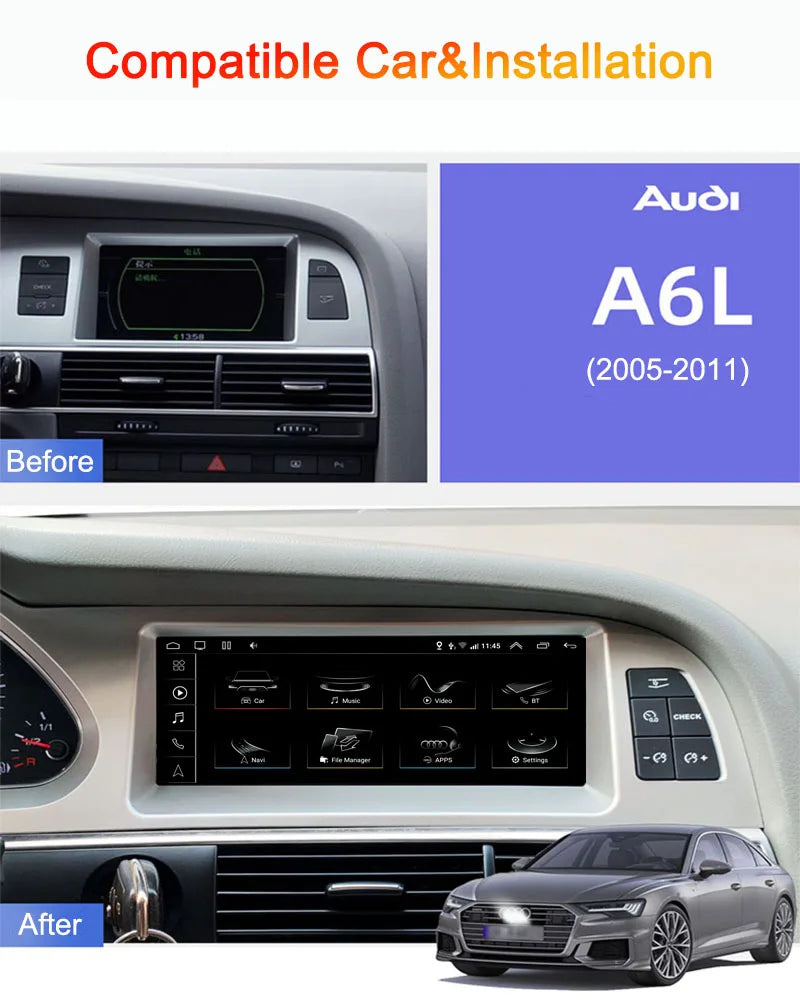 Autoradio multimédia Android sans fil Bonroad avec CarPlay pour Audi A6 C6 4F (2005-2012) – Compatible MMI 2G/3G, Bluetooth, GPS, radio et écran stéréo
