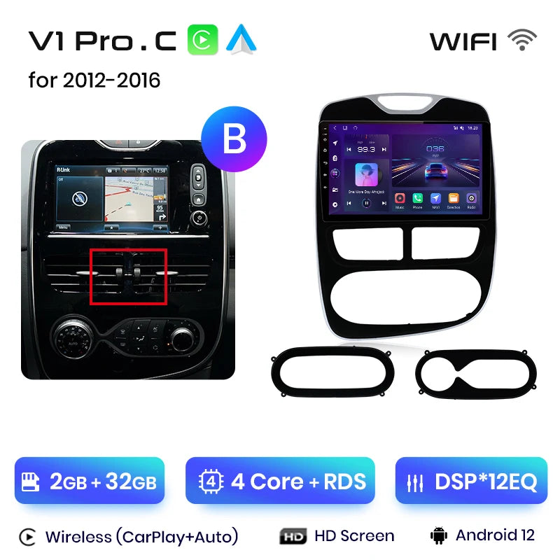 Autoradio CarPlay V1Pro AI Voice 2 DIN avec Android Auto, compatible Renault Clio 4 - Clio 4 RS- (2012-2019), GPS multimédia 4G pour voiture.