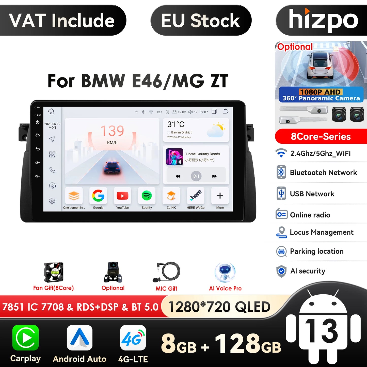 Apple Carplay Autoradio BMW M3 E46 1998 - 2006 Auto GPS RDS QLED Screen