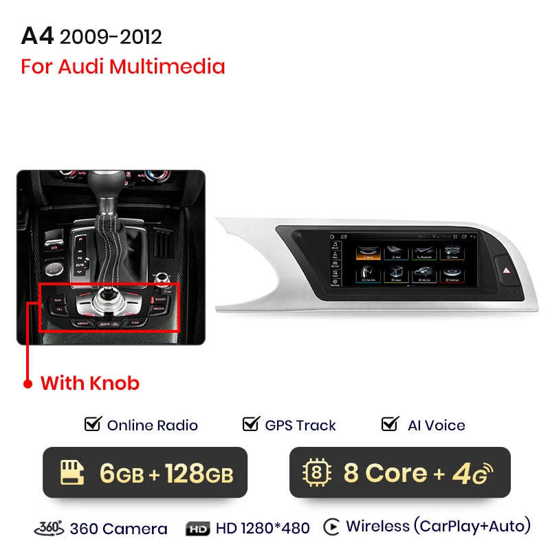 Autoradio multimédia avec CarPlay sans fil Audi A4 / A4L B8 (2009 à 2016) – Compatible Apple CarPlay, Android Auto, Bluetooth, 4G - non compatible audi CD changer